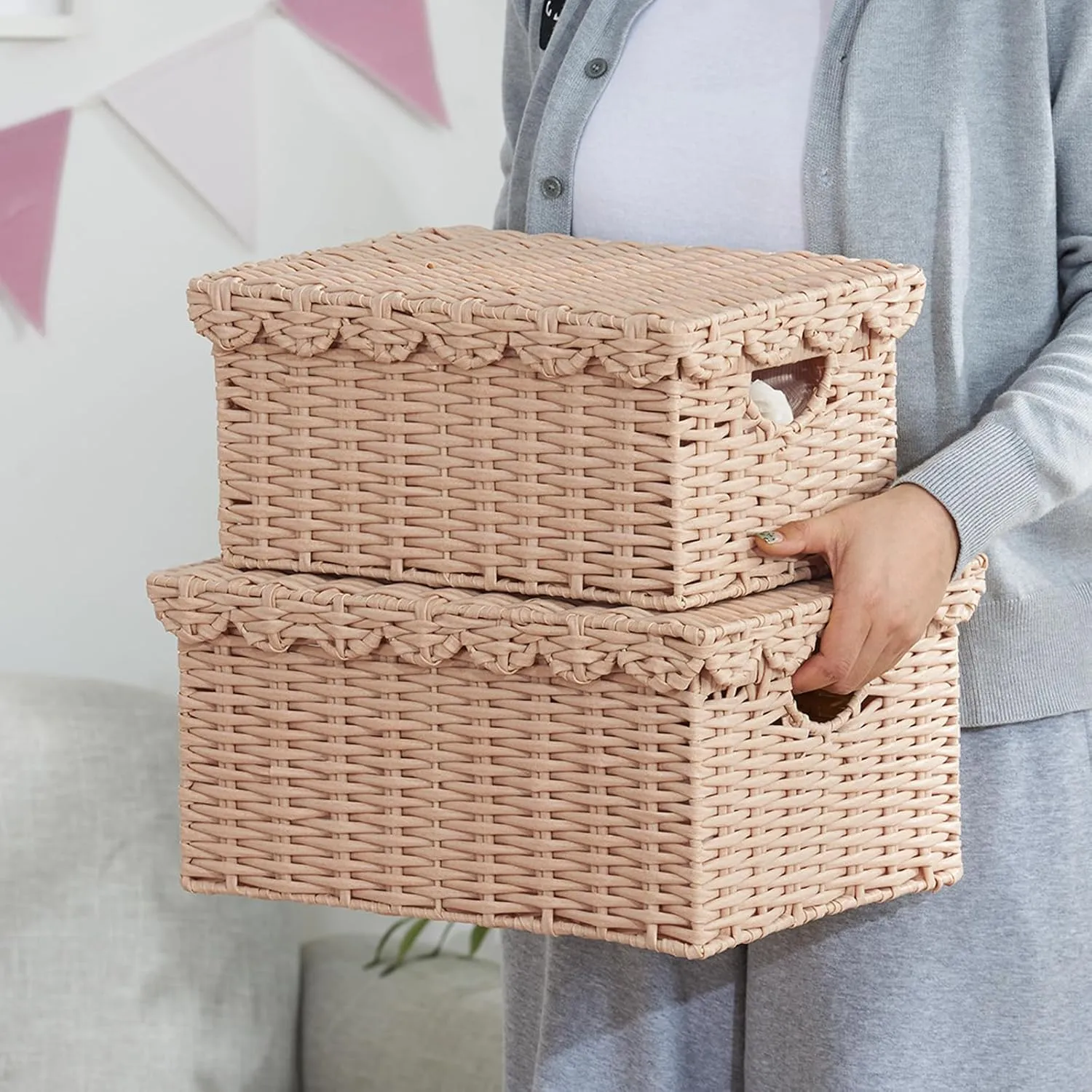 FairyHaus Scalloped Wicker Basket with Lid, Waterproof Wicker Storage Basket with Removable Tray Lid Cream, Handwoven Plactic Wicker Bakests for Nursery 2Pack, 15 x 11.22 x 7& 13 x 9.45 x 5.9