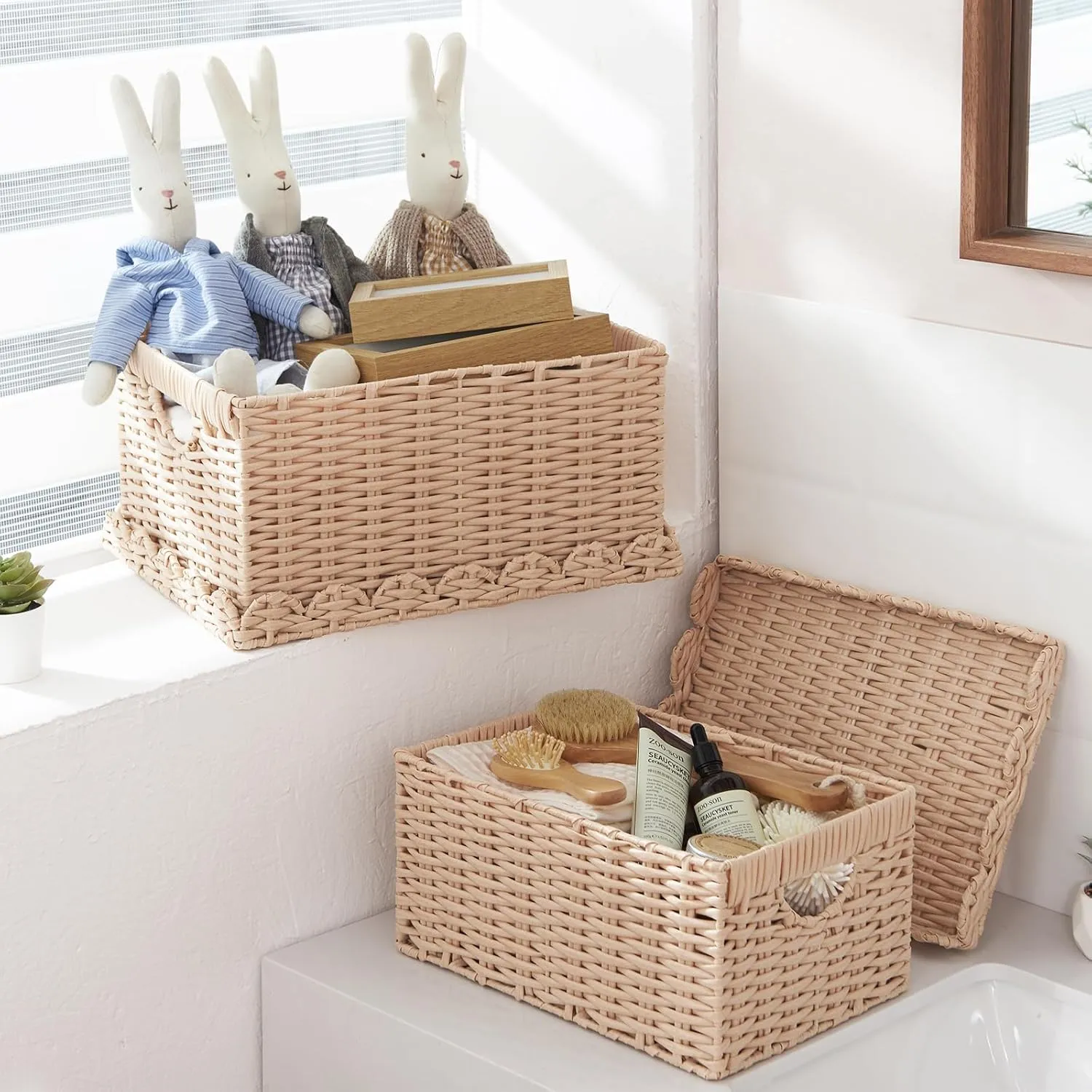 FairyHaus Scalloped Wicker Basket with Lid, Waterproof Wicker Storage Basket with Removable Tray Lid Cream, Handwoven Plactic Wicker Bakests for Nursery 2Pack, 15 x 11.22 x 7& 13 x 9.45 x 5.9