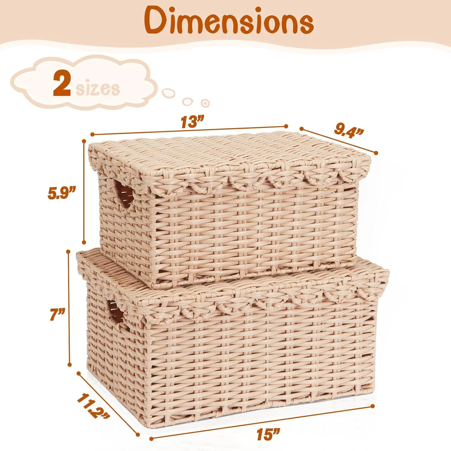 FairyHaus Scalloped Wicker Basket with Lid, Waterproof Wicker Storage Basket with Removable Tray Lid Cream, Handwoven Plactic Wicker Bakests for Nursery 2Pack, 15 x 11.22 x 7& 13 x 9.45 x 5.9