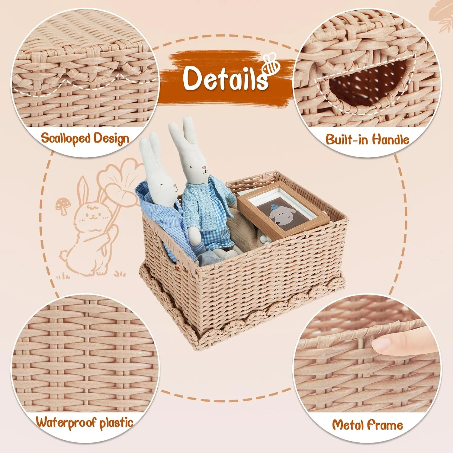 FairyHaus Scalloped Wicker Basket with Lid, Waterproof Wicker Storage Basket with Removable Tray Lid Cream, Handwoven Plactic Wicker Bakests for Nursery 2Pack, 15 x 11.22 x 7& 13 x 9.45 x 5.9
