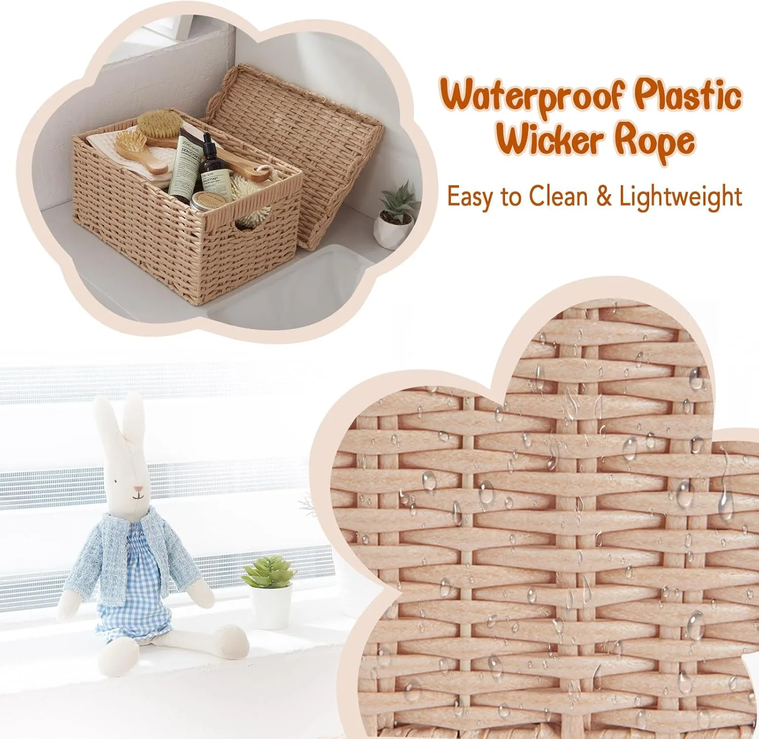 FairyHaus Scalloped Wicker Basket with Lid, Waterproof Wicker Storage Basket with Removable Tray Lid Cream, Handwoven Plactic Wicker Bakests for Nursery 2Pack, 15 x 11.22 x 7& 13 x 9.45 x 5.9