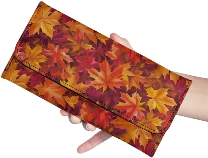 Fall Maple Leaves Leather Trifold Wallet for Women Orange Falling Leaf Print Magnet Buckle Card Holder Purse, Autumn Style Long Slim Wallet Zipper Money Manager