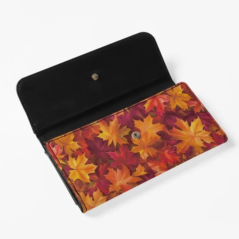 Fall Maple Leaves Leather Trifold Wallet for Women Orange Falling Leaf Print Magnet Buckle Card Holder Purse, Autumn Style Long Slim Wallet Zipper Money Manager
