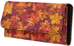 Fall Maple Leaves Leather Trifold Wallet for Women Orange Falling Leaf Print Magnet Buckle Card Holder Purse, Autumn Style Long Slim Wallet Zipper Money Manager