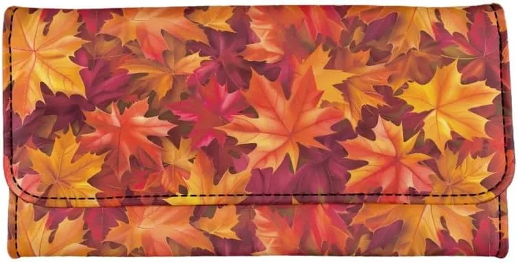 Fall Maple Leaves Leather Trifold Wallet for Women Orange Falling Leaf Print Magnet Buckle Card Holder Purse, Autumn Style Long Slim Wallet Zipper Money Manager