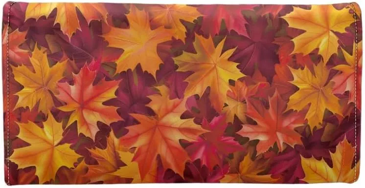 Fall Maple Leaves Leather Trifold Wallet for Women Orange Falling Leaf Print Magnet Buckle Card Holder Purse, Autumn Style Long Slim Wallet Zipper Money Manager