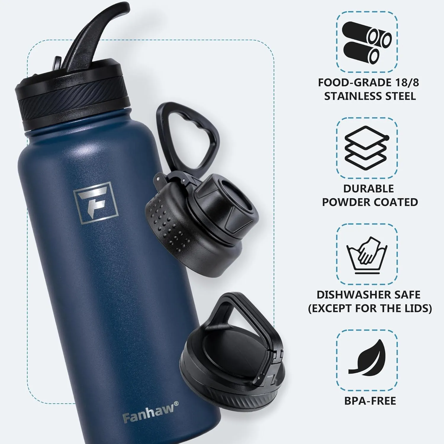 Fanhaw 32 oz Stainless Steel Insulated Water Bottle with 3 Lids (Straw, Spout and Carabiner Lid) - Wide Mouth Travel Thermal Mug (Navy Blue)