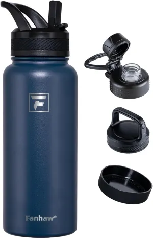 Fanhaw 32 oz Stainless Steel Insulated Water Bottle with 3 Lids (Straw, Spout and Carabiner Lid) - Wide Mouth Travel Thermal Mug (Navy Blue)