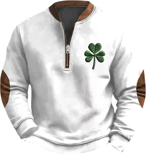 Fashion St Patricks Day Sweatshirts For Mens Vintage Print Long Sleeve Causal V-Neck Zip Up Fashion Irish Pullover Shirts