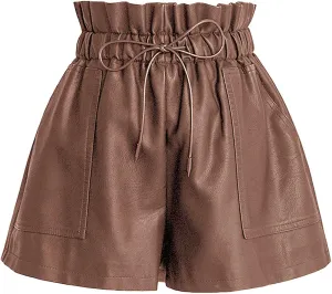 Faux Leather Shorts Stretchy High Waisted Wide Leg with Pockets for Women