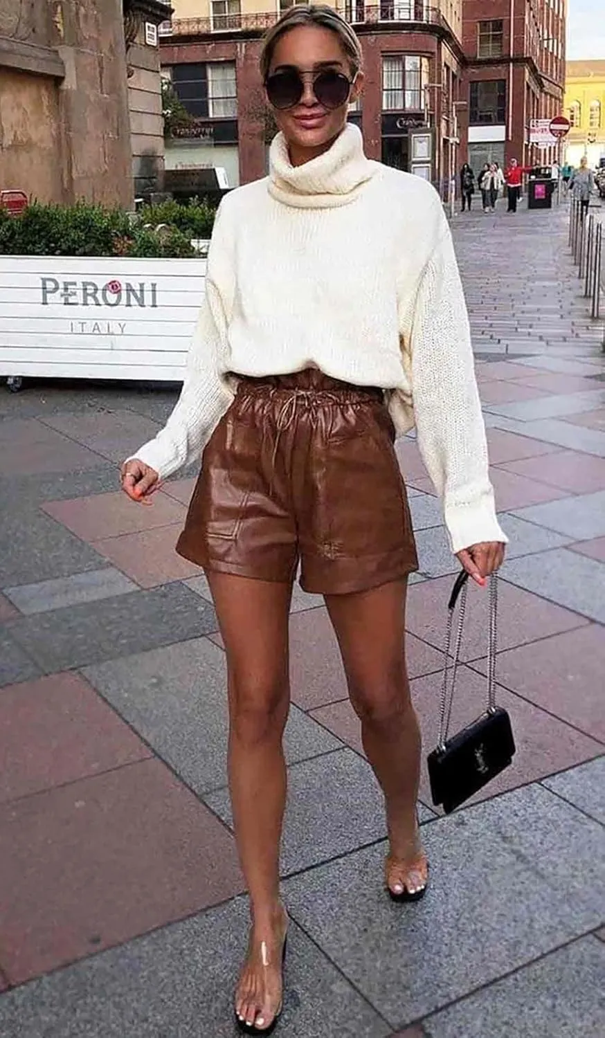 Faux Leather Shorts Stretchy High Waisted Wide Leg with Pockets for Women