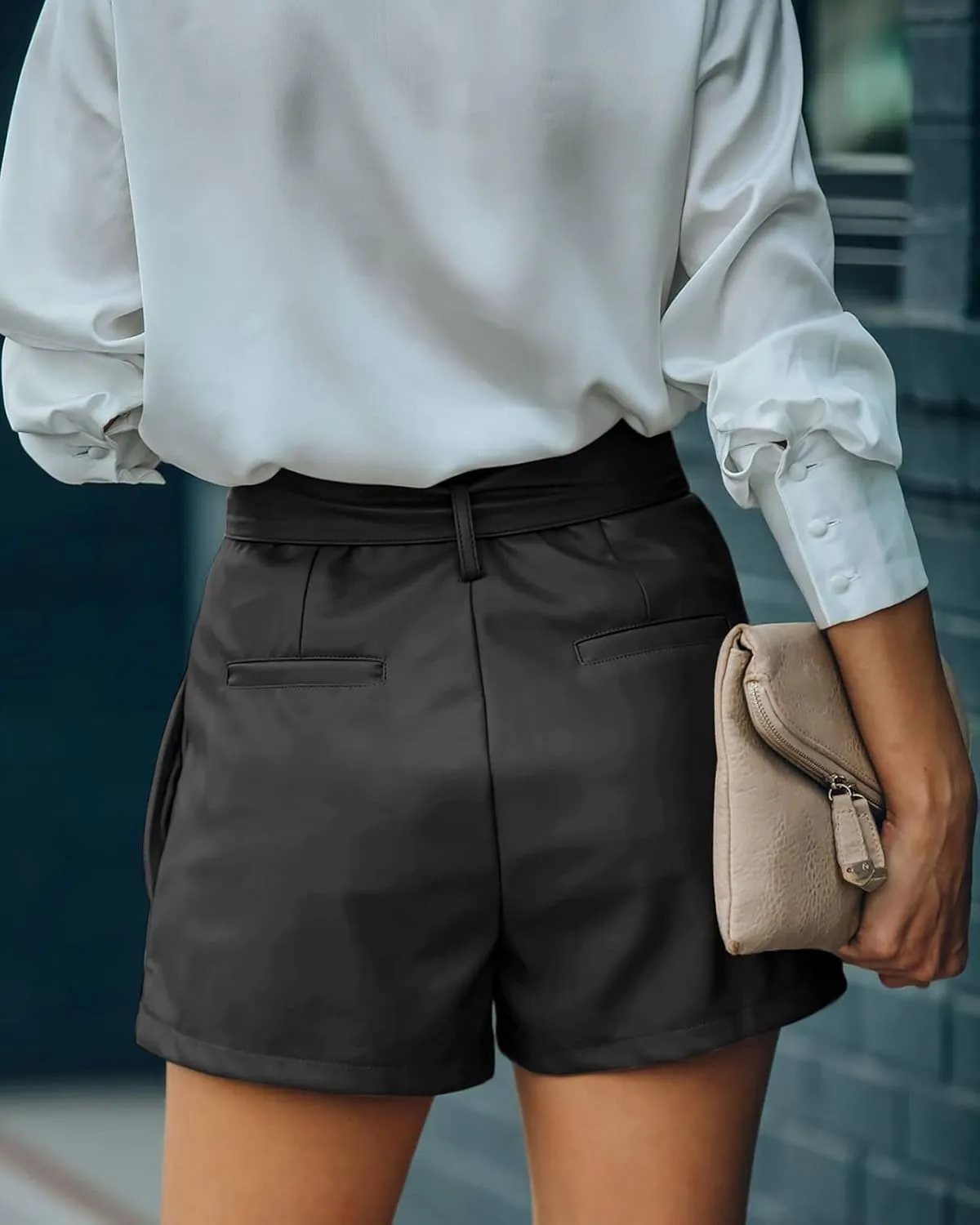 Faux Leather Shorts Stretchy High Waisted Wide Leg with Pockets for Women