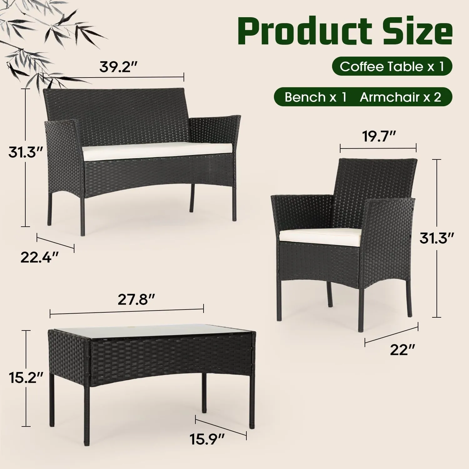 FDW | 4-Piece Patio Furniture Set | Outdoor Wicker Furniture with Coffee Table | Modern Rattan Chairs Conversation Set | Outdoor Seating | Weather-Resistant | Black | for Porch, Garden, Lawn