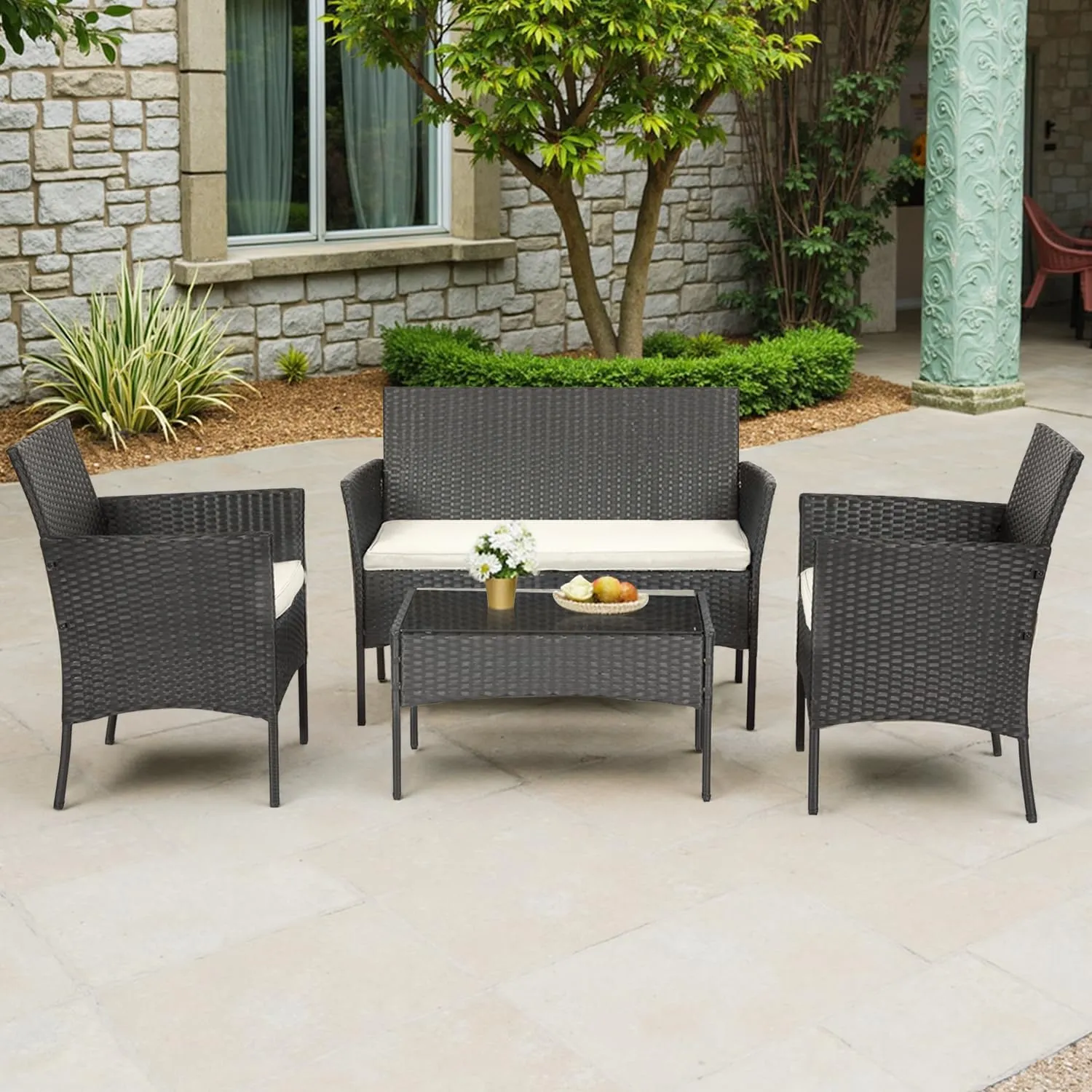 FDW | 4-Piece Patio Furniture Set | Outdoor Wicker Furniture with Coffee Table | Modern Rattan Chairs Conversation Set | Outdoor Seating | Weather-Resistant | Black | for Porch, Garden, Lawn