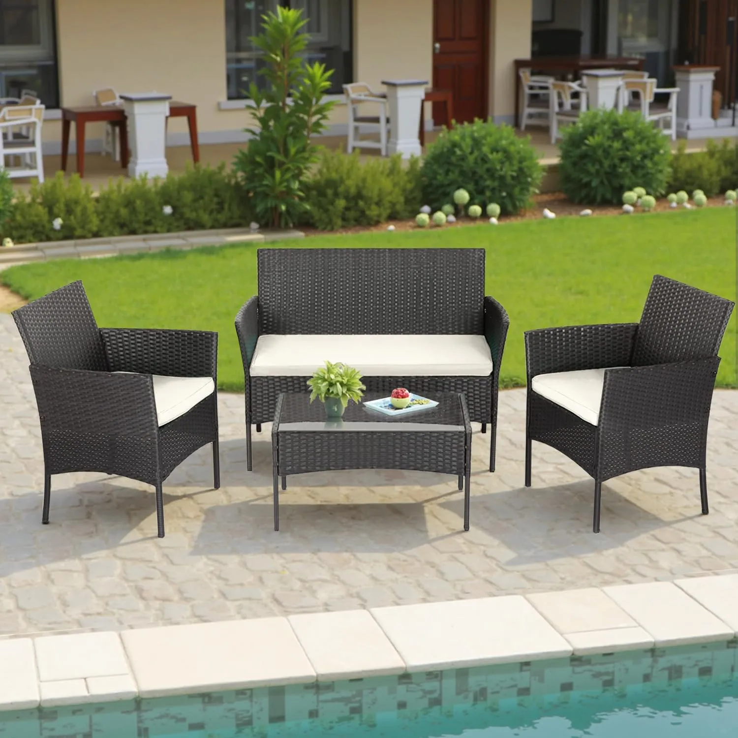 FDW | 4-Piece Patio Furniture Set | Outdoor Wicker Furniture with Coffee Table | Modern Rattan Chairs Conversation Set | Outdoor Seating | Weather-Resistant | Black | for Porch, Garden, Lawn