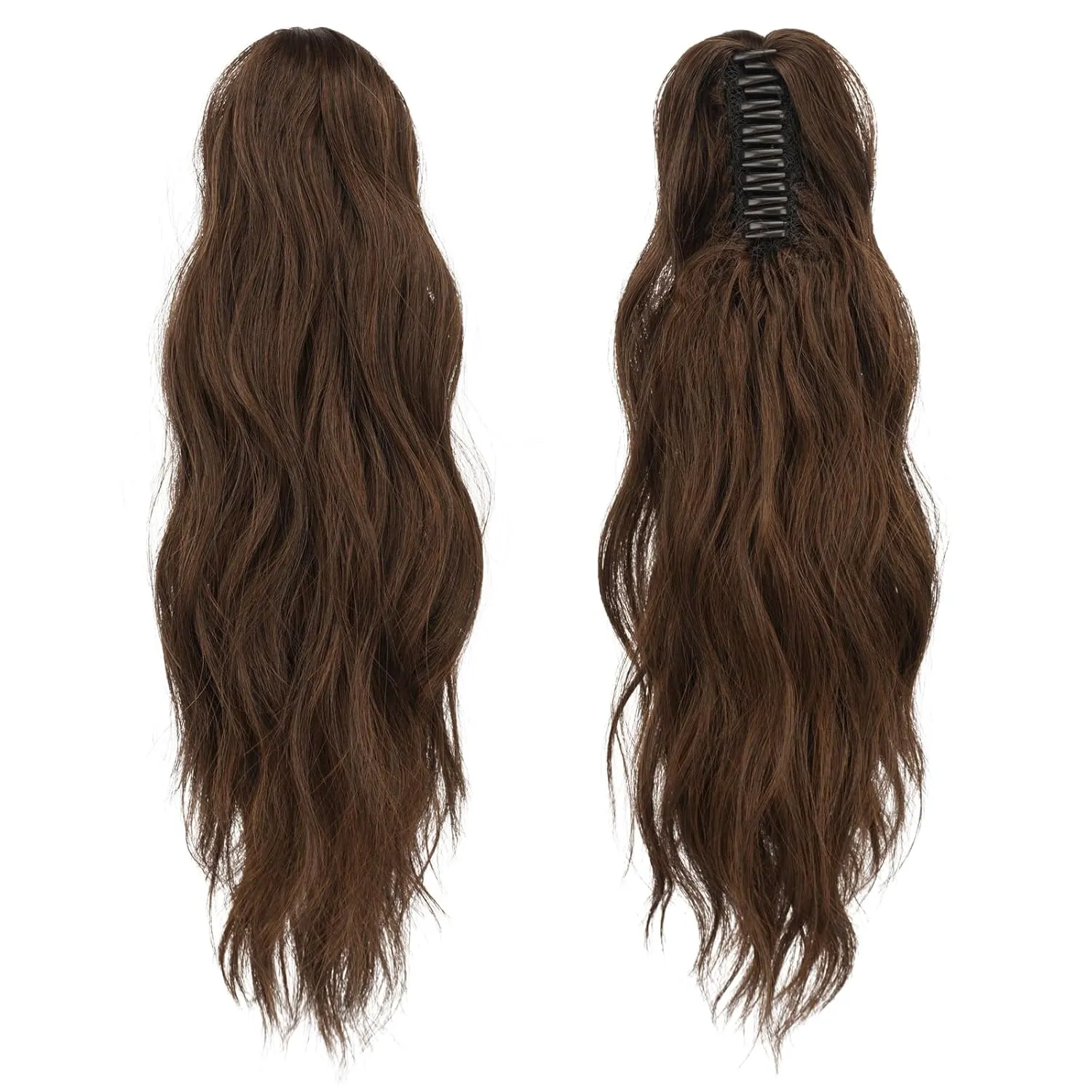 FESHFEN Ponytail Extensions, Long Claw Clip in Ponytail Hairpiece Synthetic Pony Tails Hair Piece Natural Wavy Hairpieces for Women, 20 inch Brown & Light Auburn Mixed
