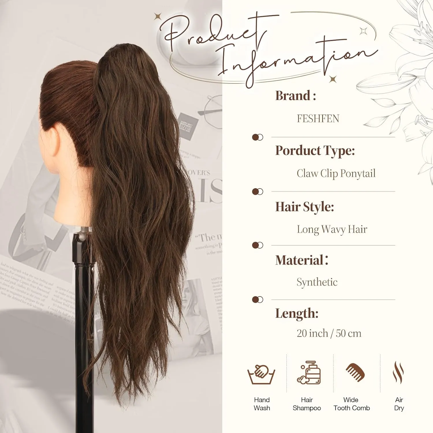 FESHFEN Ponytail Extensions, Long Claw Clip in Ponytail Hairpiece Synthetic Pony Tails Hair Piece Natural Wavy Hairpieces for Women, 20 inch Brown & Light Auburn Mixed