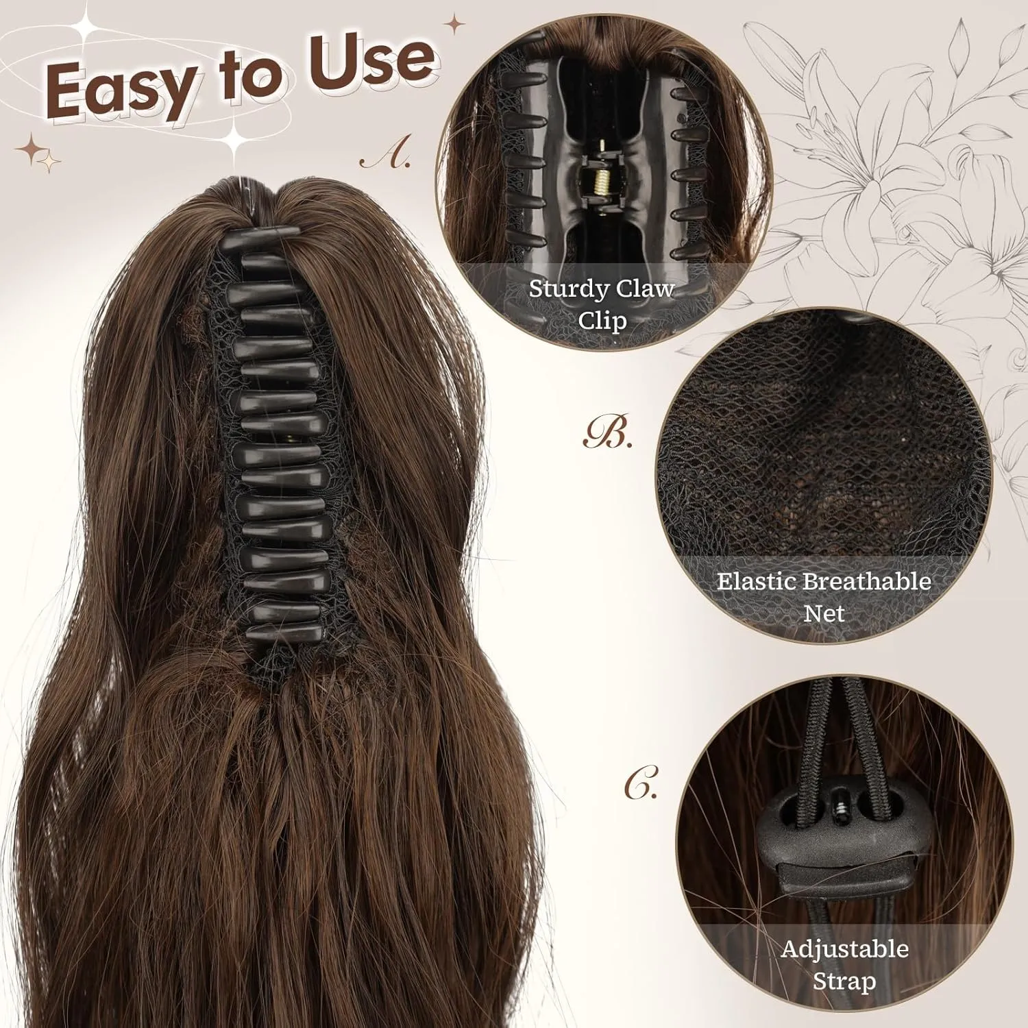 FESHFEN Ponytail Extensions, Long Claw Clip in Ponytail Hairpiece Synthetic Pony Tails Hair Piece Natural Wavy Hairpieces for Women, 20 inch Brown & Light Auburn Mixed