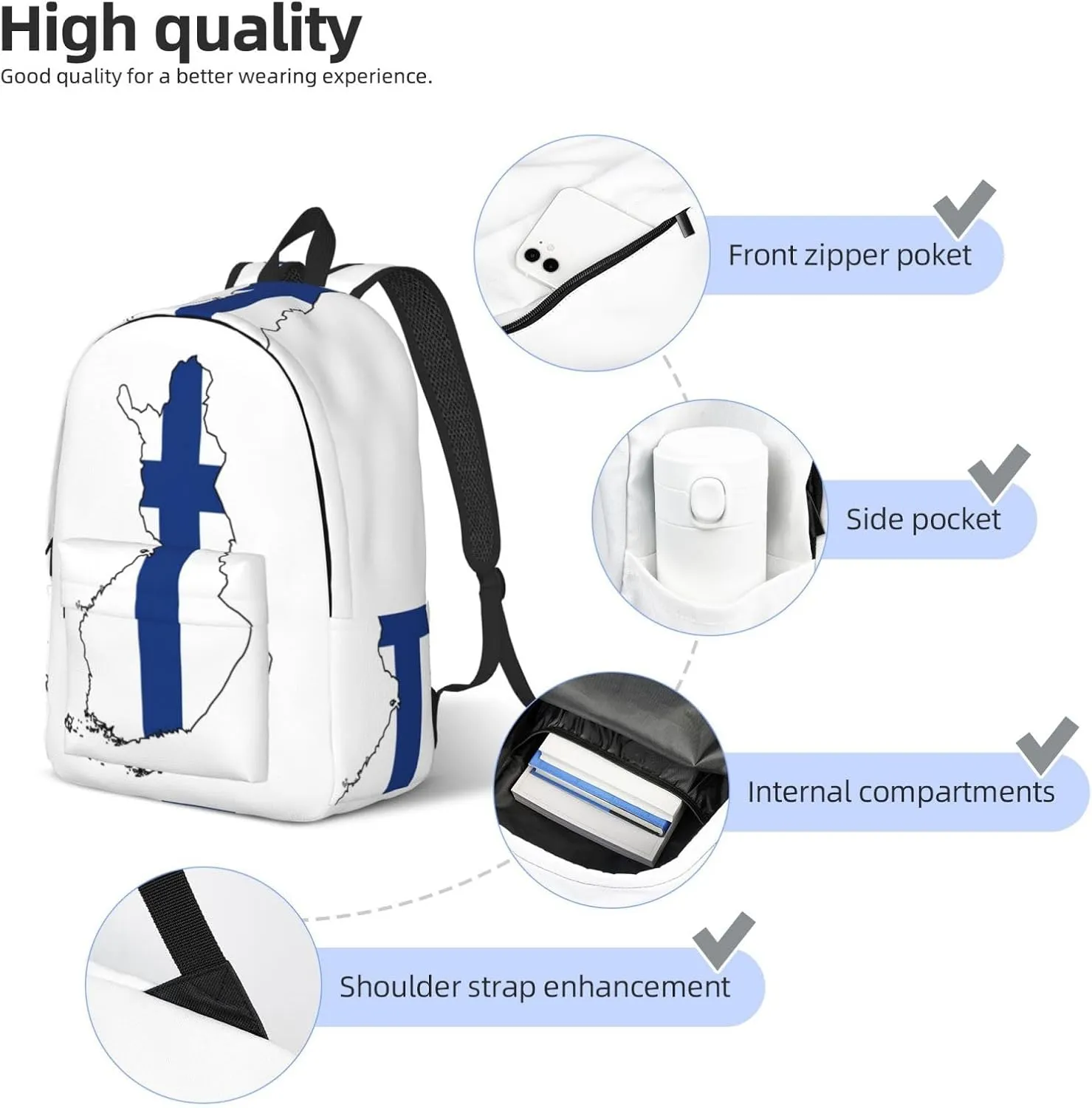 Finnish Flag Map print Large Laptop Backpack for Women, Work Business Backpacks College Bookbag for School