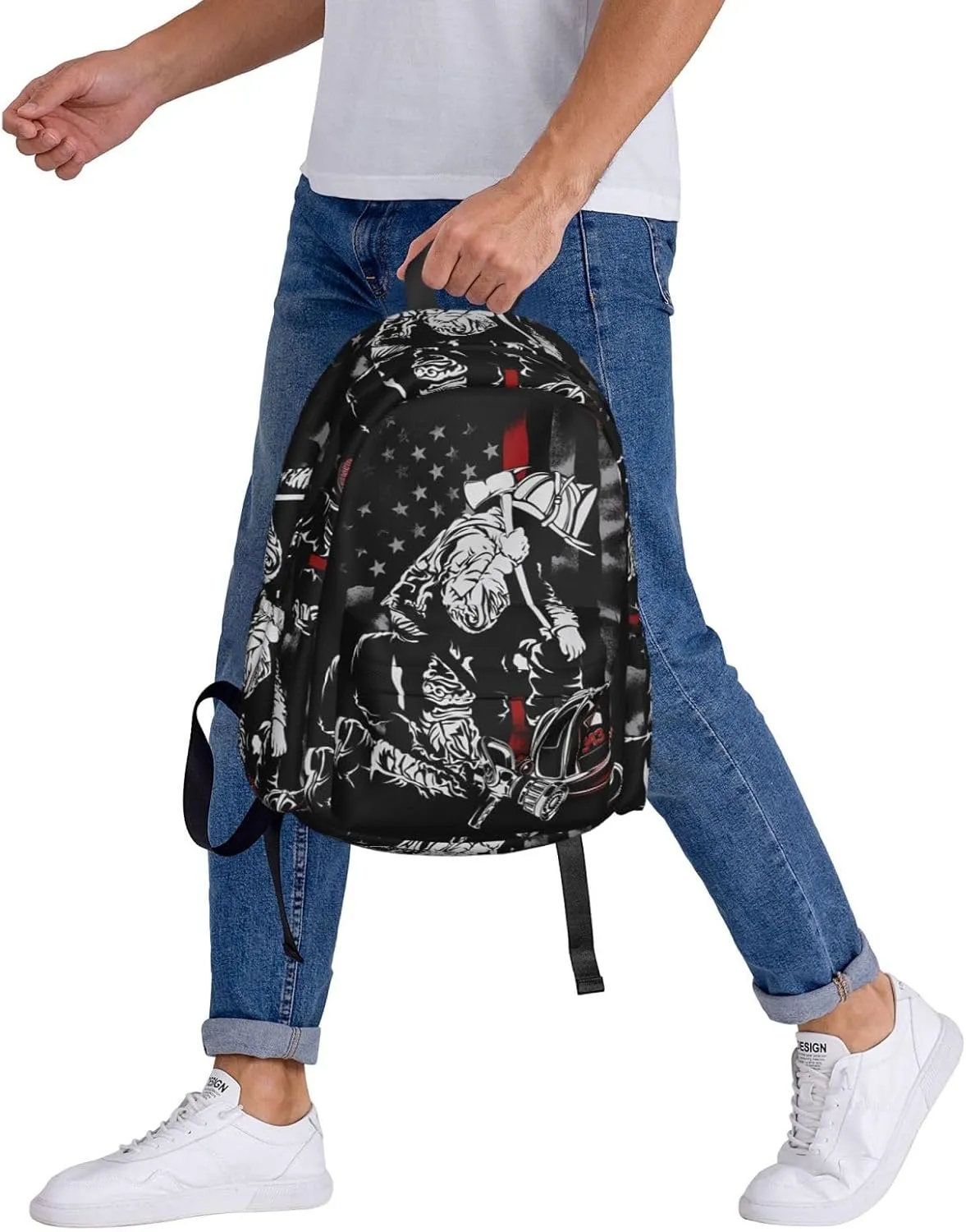 Firefighter American Flag Memorial Never Forget Flag Casual Backpacks Large Travel Backpack Laptop Rucksack Sports Daypack Adjustable Strap Bag for Camping Hiking