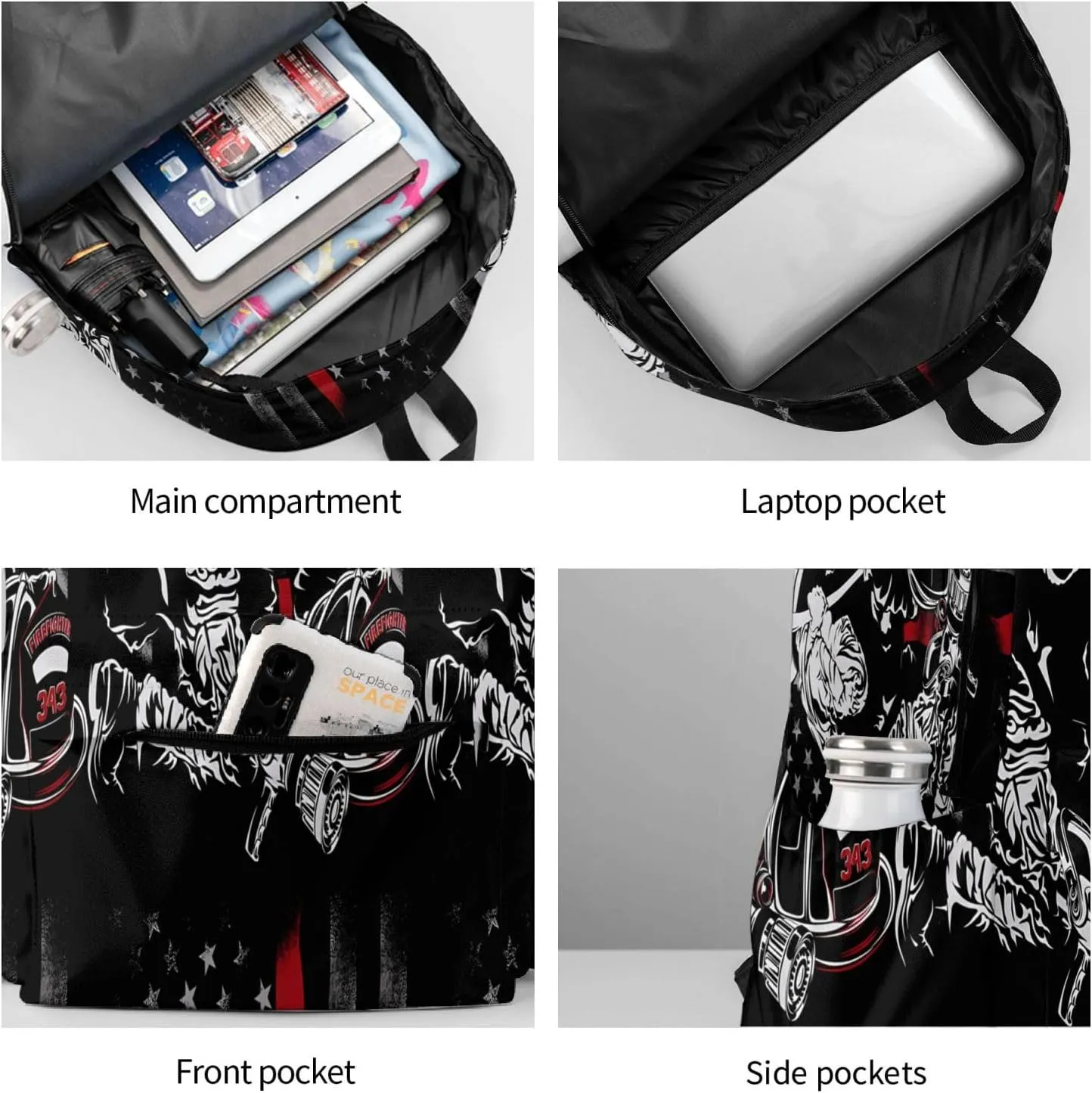 Firefighter American Flag Memorial Never Forget Flag Casual Backpacks Large Travel Backpack Laptop Rucksack Sports Daypack Adjustable Strap Bag for Camping Hiking