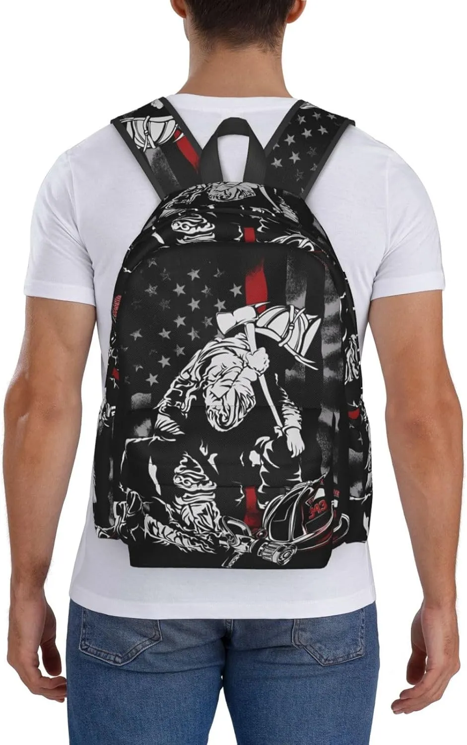 Firefighter American Flag Memorial Never Forget Flag Casual Backpacks Large Travel Backpack Laptop Rucksack Sports Daypack Adjustable Strap Bag for Camping Hiking