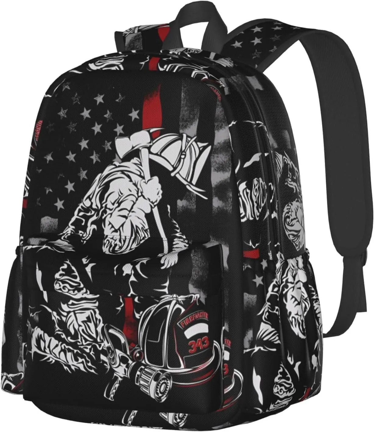 Firefighter American Flag Memorial Never Forget Flag Casual Backpacks Large Travel Backpack Laptop Rucksack Sports Daypack Adjustable Strap Bag for Camping Hiking