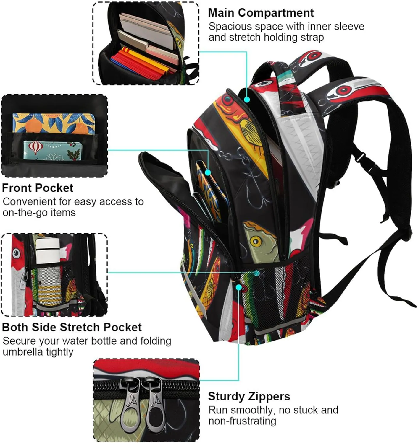 Fishing Lures Printing Backpack for Student Kids Rucksack Boys Girls School Bag Travel Daypack