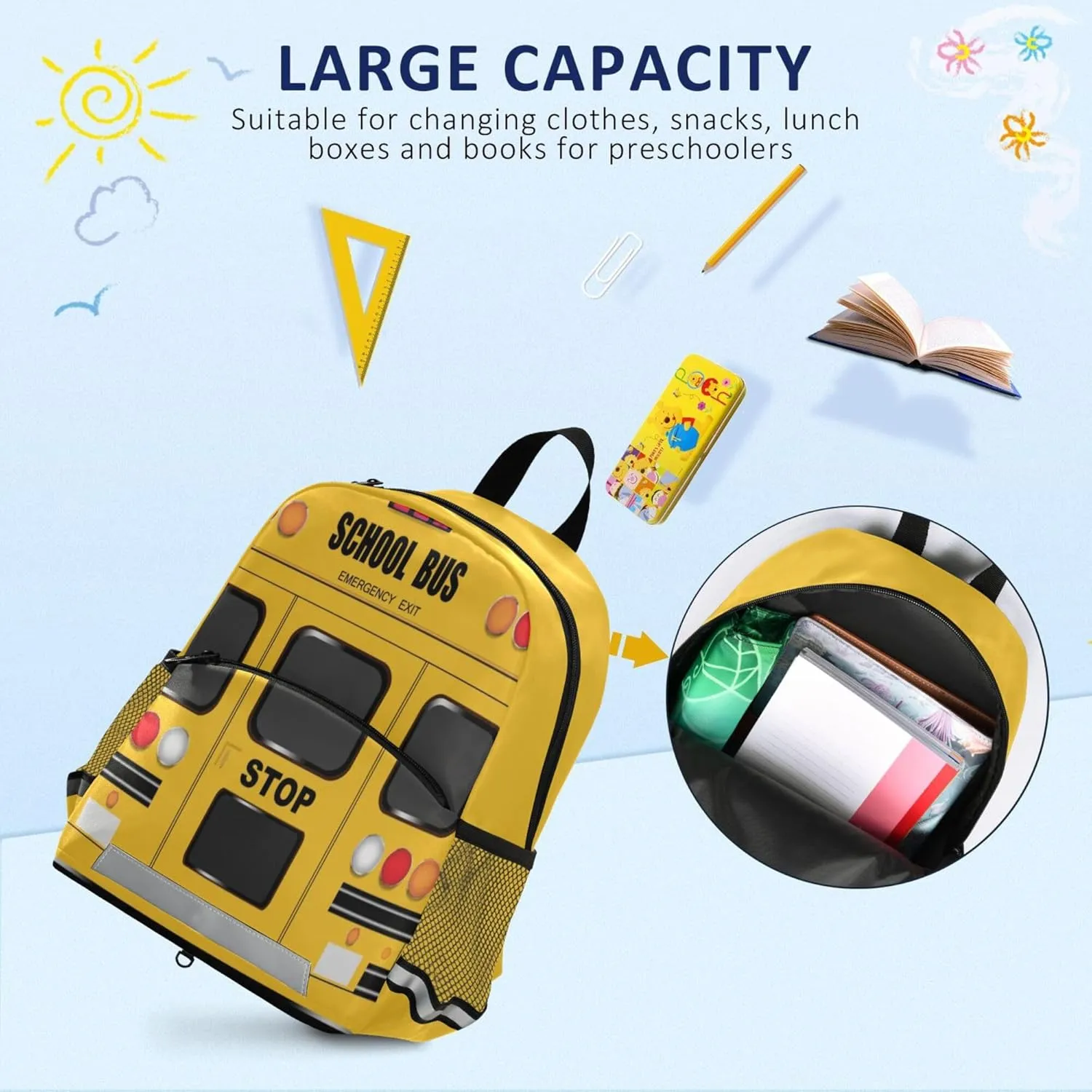 Fisyme School Bus Backpack Schoolbag Kids Daypack Toddler Travel School Bag Small Mini Backpacks for Kindergarten Preschool Nursery Boys Girls