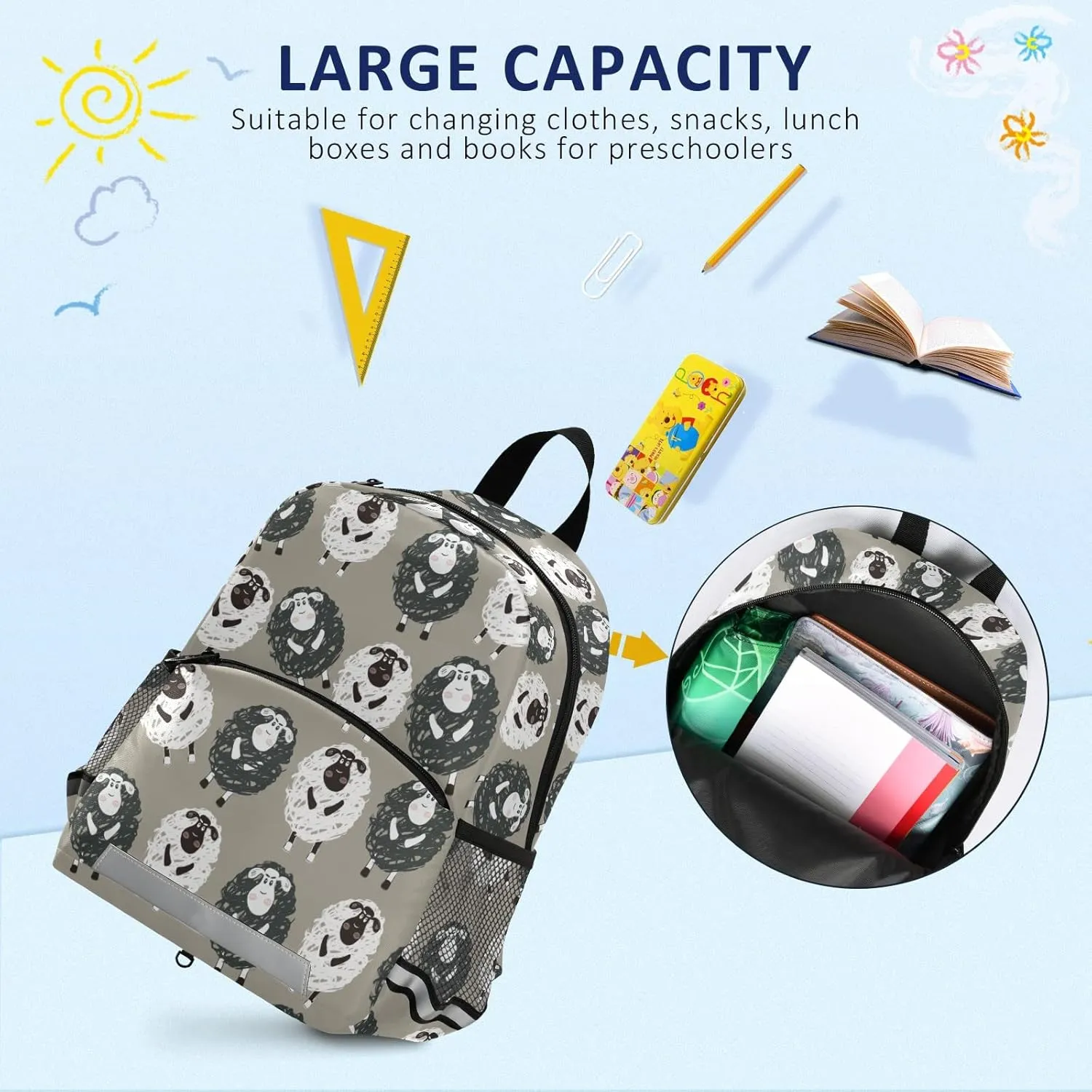 Fisyme Sheep Funny Cartoon-image Backpack Schoolbag Kids Daypack Toddler Travel School Bag Small Mini Backpacks for Kindergarten Preschool Nursery Children Boys Girls with Chest Strap