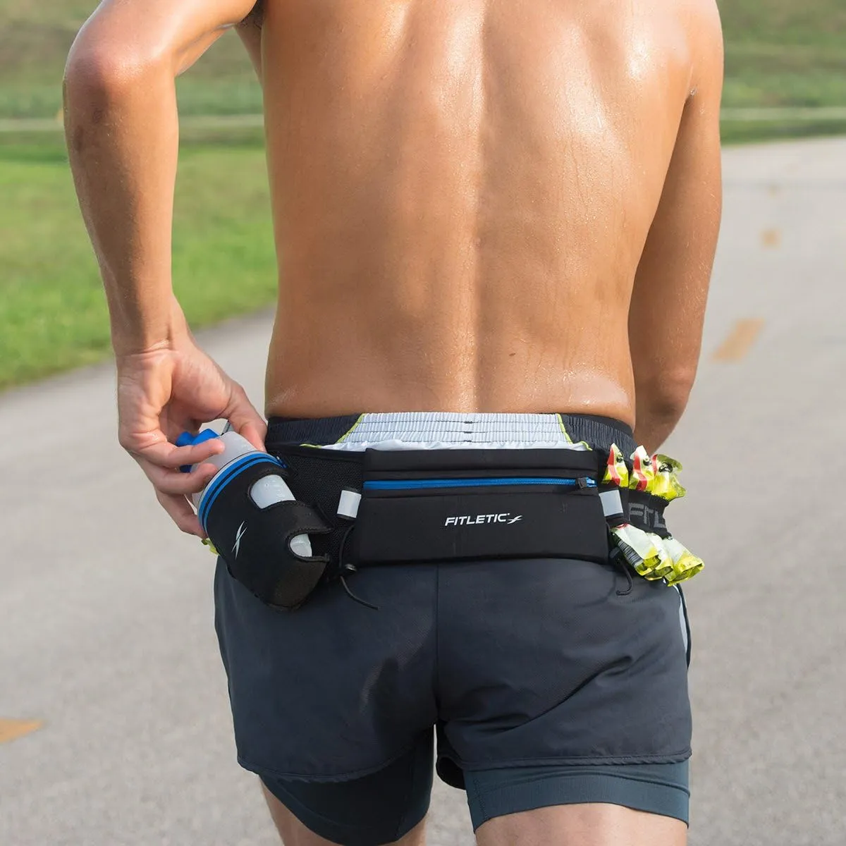 Fitletic Hydration Running Belt With 12oz Quick Flow Water Bottle For Men & Women –Race Belt, Gel Holder & Bib Toggles Patented Bounce Free Design, Water Resistant Fits All Phones –Fully Loaded