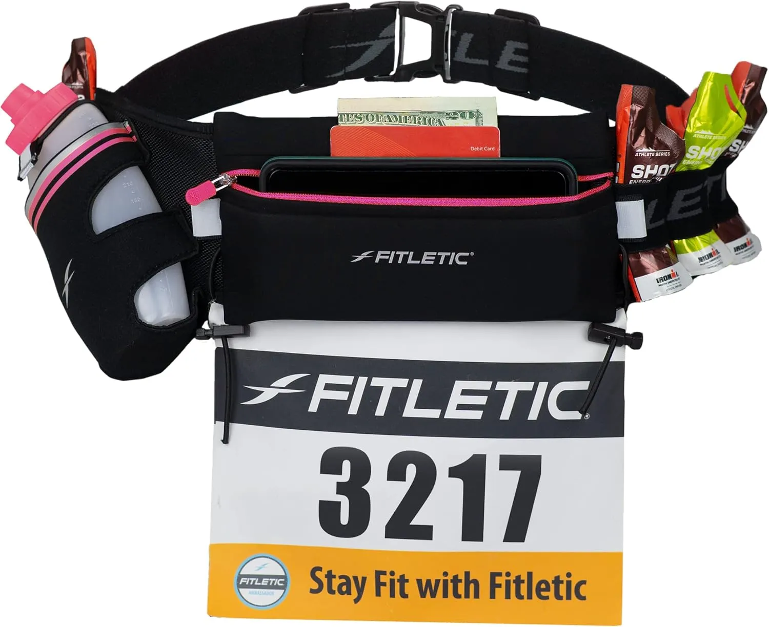 Fitletic Hydration Running Belt With 12oz Quick Flow Water Bottle For Men & Women –Race Belt, Gel Holder & Bib Toggles Patented Bounce Free Design, Water Resistant Fits All Phones –Fully Loaded