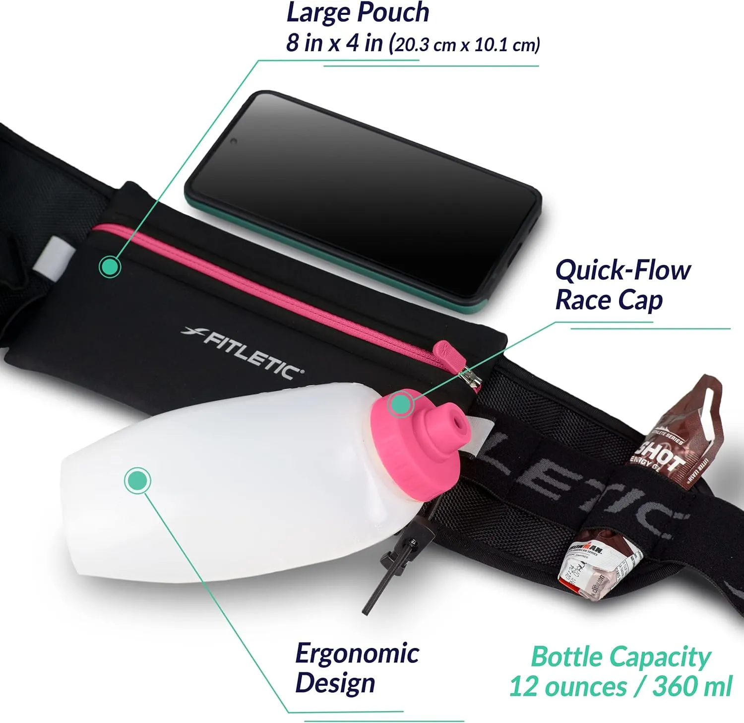 Fitletic Hydration Running Belt With 12oz Quick Flow Water Bottle For Men & Women –Race Belt, Gel Holder & Bib Toggles Patented Bounce Free Design, Water Resistant Fits All Phones –Fully Loaded