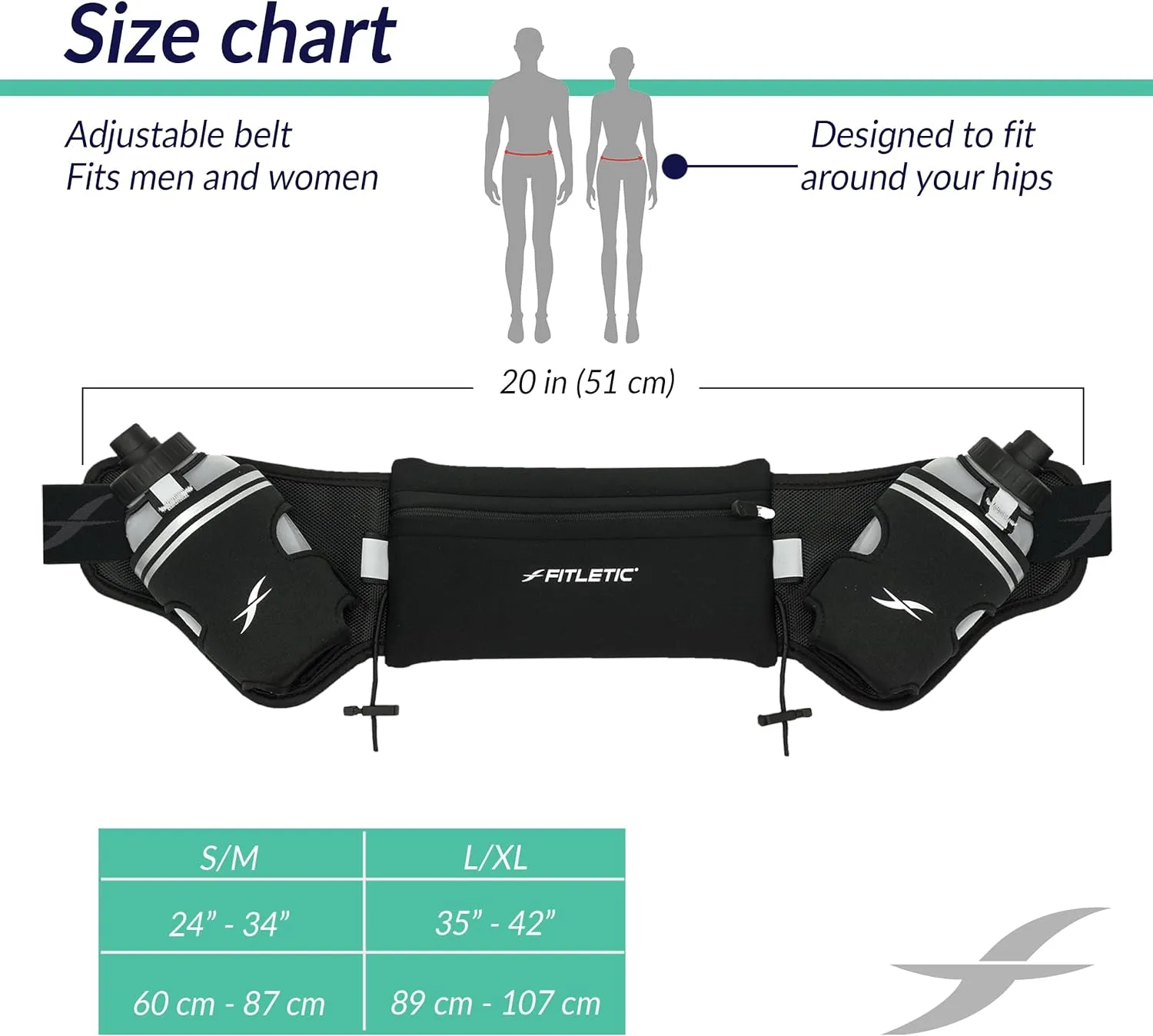 Fitletic Hydration Running Belt with Water Bottles for Men & Women – 2 Quick Flow 8oz Running Water Bottles, Patented Bounce Free Design, Water Resistant Pouch Fits All Phones – Hydra 16