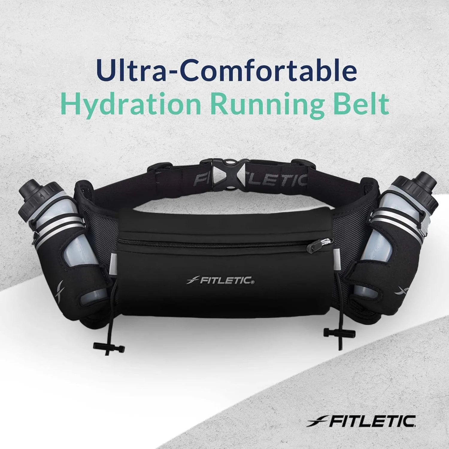 Fitletic Hydration Running Belt with Water Bottles for Men & Women – 2 Quick Flow 8oz Running Water Bottles, Patented Bounce Free Design, Water Resistant Pouch Fits All Phones – Hydra 16