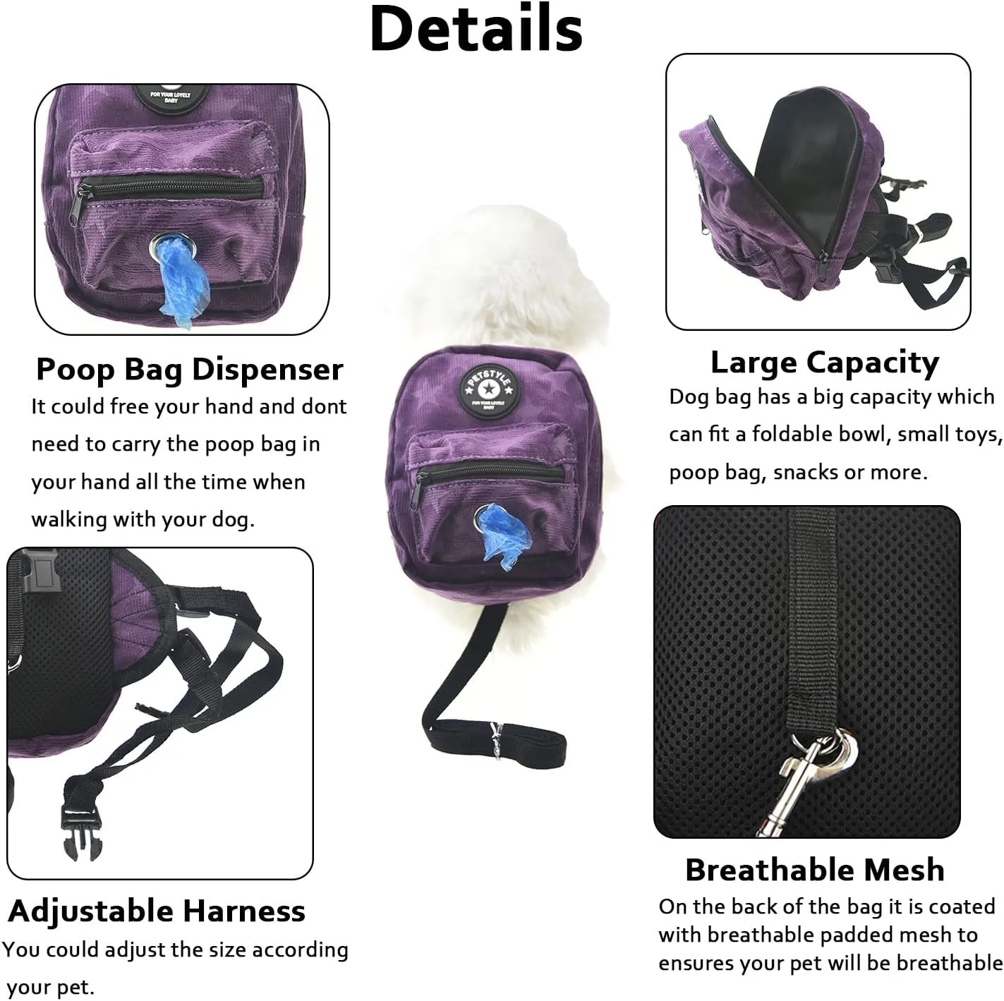 FLAdorepet Dog Backpack Harness with Leash, Dog Poop Bag Dispenser, Pet Self Carrier Adjustable Travel Hiking Walking Harness Backpack for Small Medium Dogs (S((Fit:5-10lb) Purple)