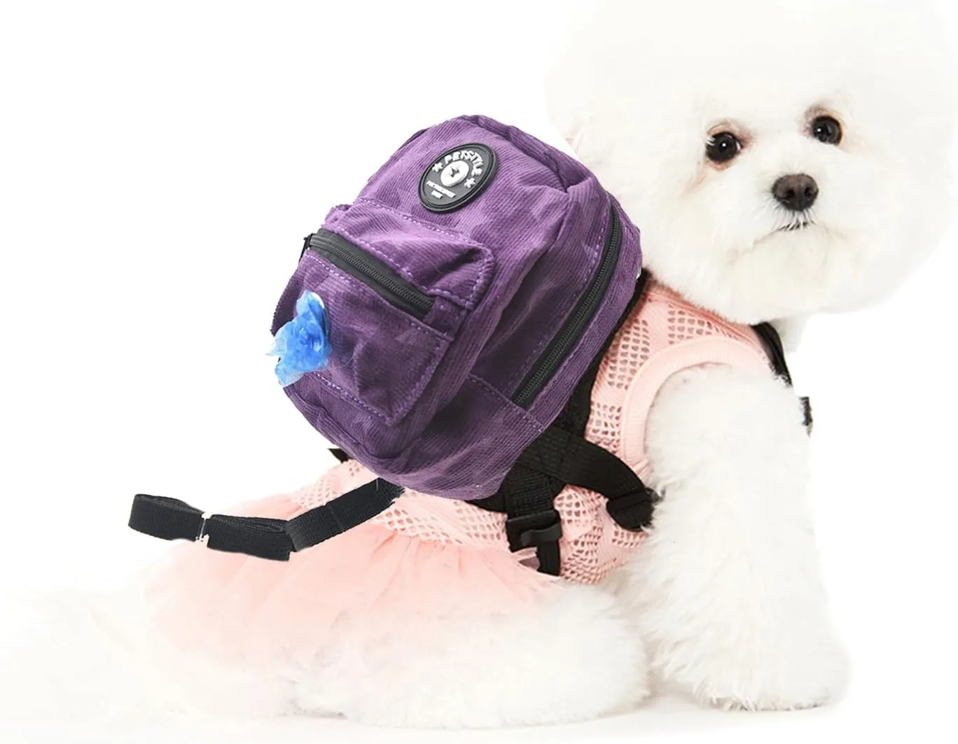 FLAdorepet Dog Backpack Harness with Leash, Dog Poop Bag Dispenser, Pet Self Carrier Adjustable Travel Hiking Walking Harness Backpack for Small Medium Dogs (S((Fit:5-10lb) Purple)