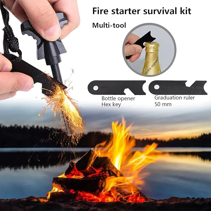 Flint and Steel Fire Starter Kit - Premium Ferro Rod and Magnesium Stick with Tinder Hemp Rope - Portable Fire Starter Survival Tool for Campfires/Camping/Bushcraft/Hiking and Emergency Rescue.