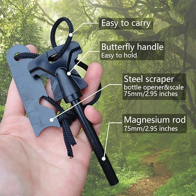 Flint and Steel Fire Starter Kit - Premium Ferro Rod and Magnesium Stick with Tinder Hemp Rope - Portable Fire Starter Survival Tool for Campfires/Camping/Bushcraft/Hiking and Emergency Rescue.