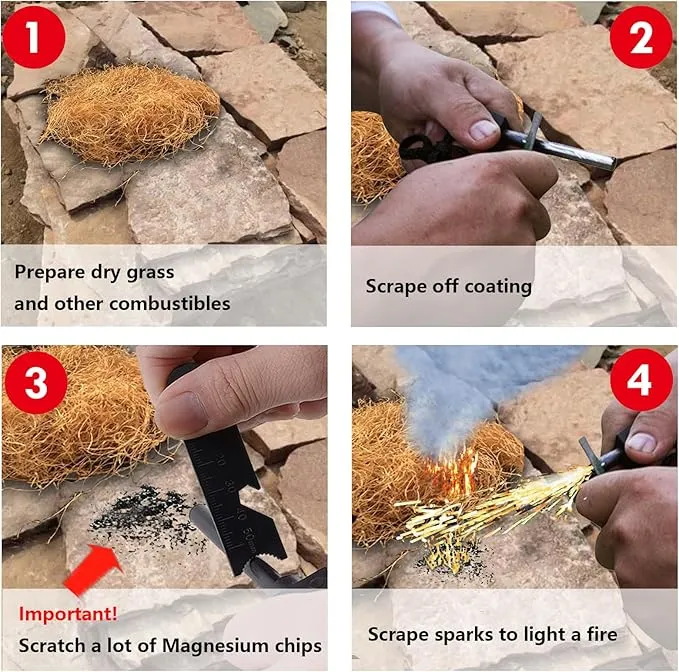 Flint and Steel Fire Starter Kit - Premium Ferro Rod and Magnesium Stick with Tinder Hemp Rope - Portable Fire Starter Survival Tool for Campfires/Camping/Bushcraft/Hiking and Emergency Rescue.