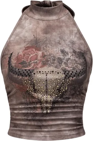 Floerns Women's Animal Print Sleeveless Halter Top Western Cowgirls Y2k Tank Top
