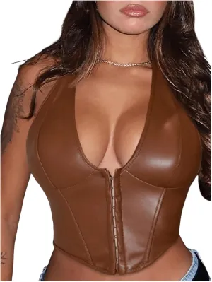 Floerns Women's Y2K PU Leather Halter Neck Hook Eye Backless Asymmetrical Party Crop Tank Top
