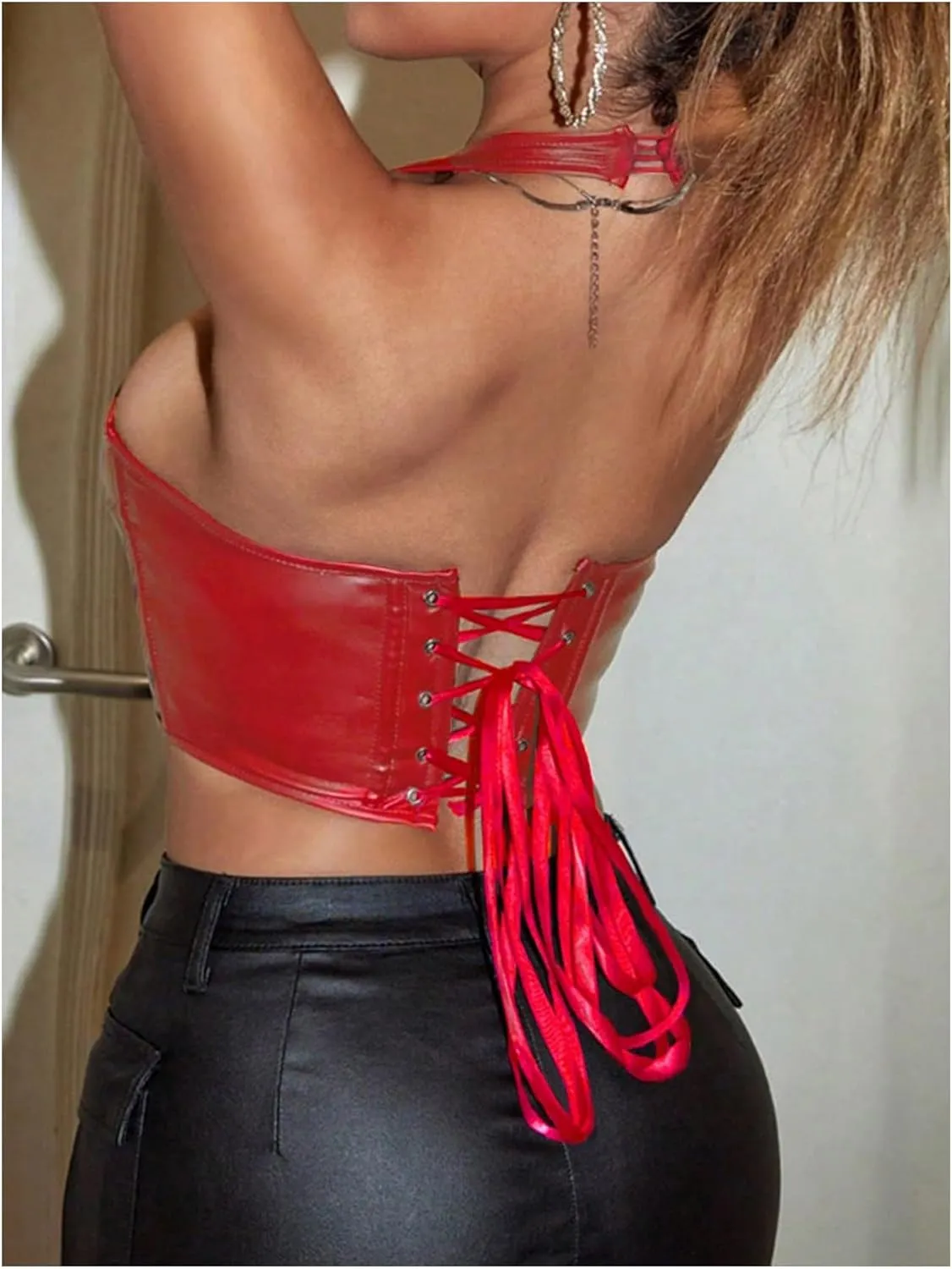 Floerns Women's Y2K PU Leather Halter Neck Hook Eye Backless Asymmetrical Party Crop Tank Top