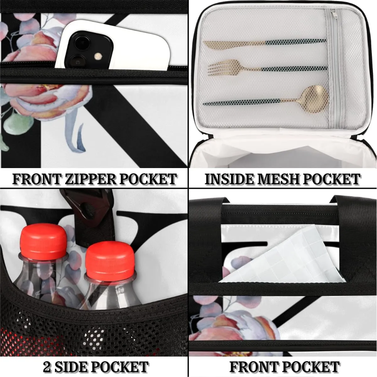 Flower Alphabet Letters K Insulated Lunch Bag for Women Men Large Adult Leakproof Lunch Box with Adjustable Shoulder Strap Reusable Cooler Tote Bag for Work Office Picnic Beach