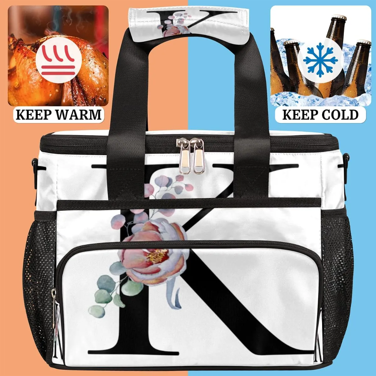 Flower Alphabet Letters K Insulated Lunch Bag for Women Men Large Adult Leakproof Lunch Box with Adjustable Shoulder Strap Reusable Cooler Tote Bag for Work Office Picnic Beach