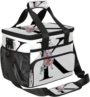 Flower Alphabet Letters K Insulated Lunch Bag for Women Men Large Adult Leakproof Lunch Box with Adjustable Shoulder Strap Reusable Cooler Tote Bag for Work Office Picnic Beach
