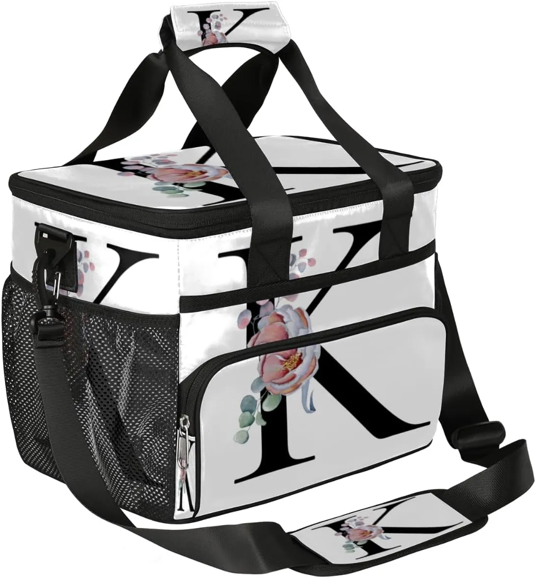 Flower Alphabet Letters K Insulated Lunch Bag for Women Men Large Adult Leakproof Lunch Box with Adjustable Shoulder Strap Reusable Cooler Tote Bag for Work Office Picnic Beach