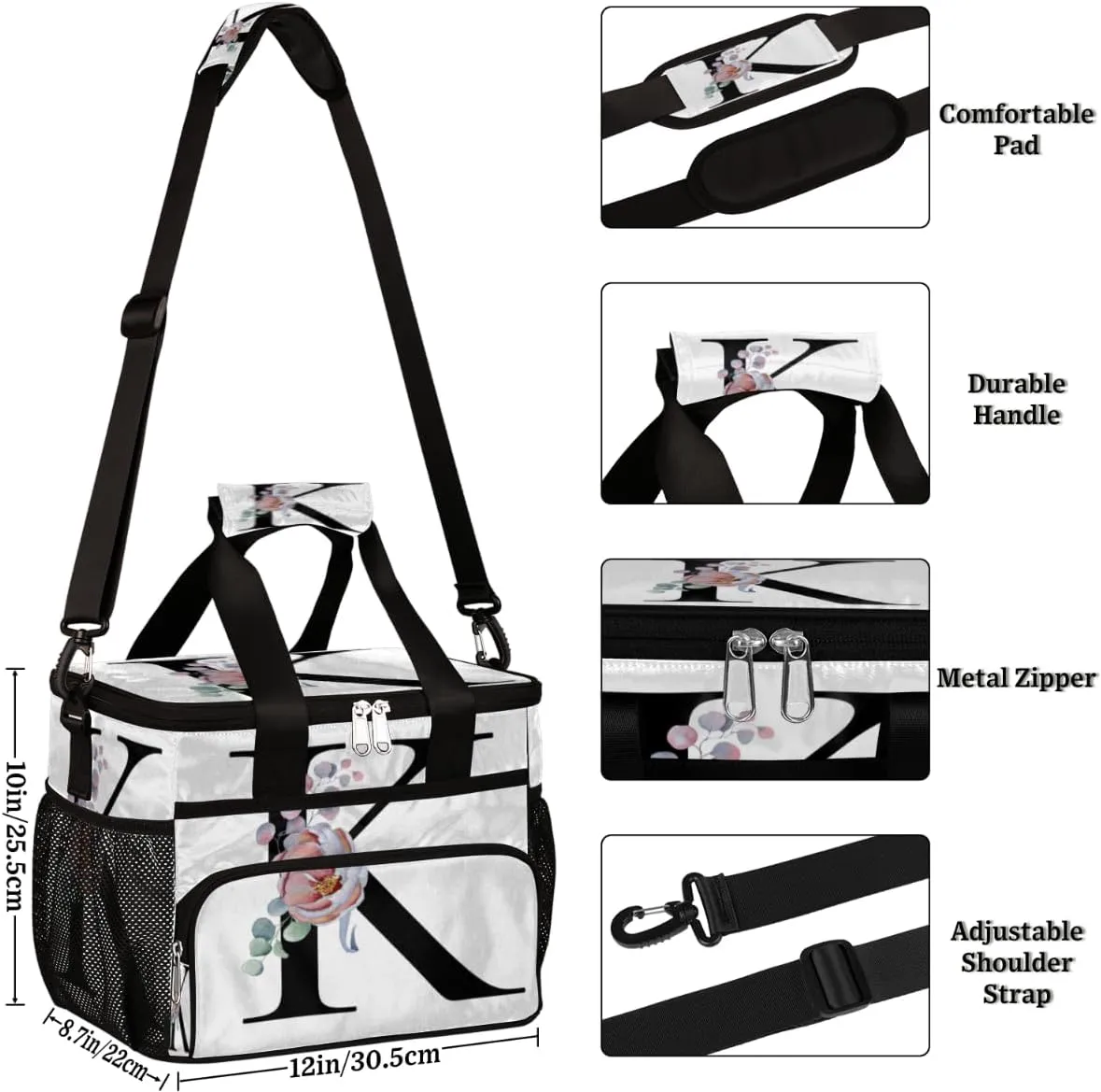 Flower Alphabet Letters K Insulated Lunch Bag for Women Men Large Adult Leakproof Lunch Box with Adjustable Shoulder Strap Reusable Cooler Tote Bag for Work Office Picnic Beach