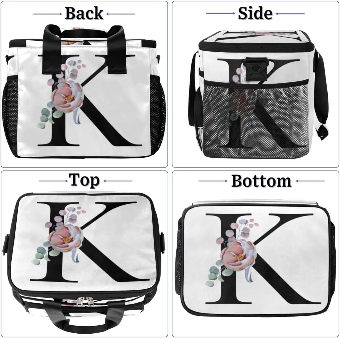 Flower Alphabet Letters K Insulated Lunch Bag for Women Men Large Adult Leakproof Lunch Box with Adjustable Shoulder Strap Reusable Cooler Tote Bag for Work Office Picnic Beach