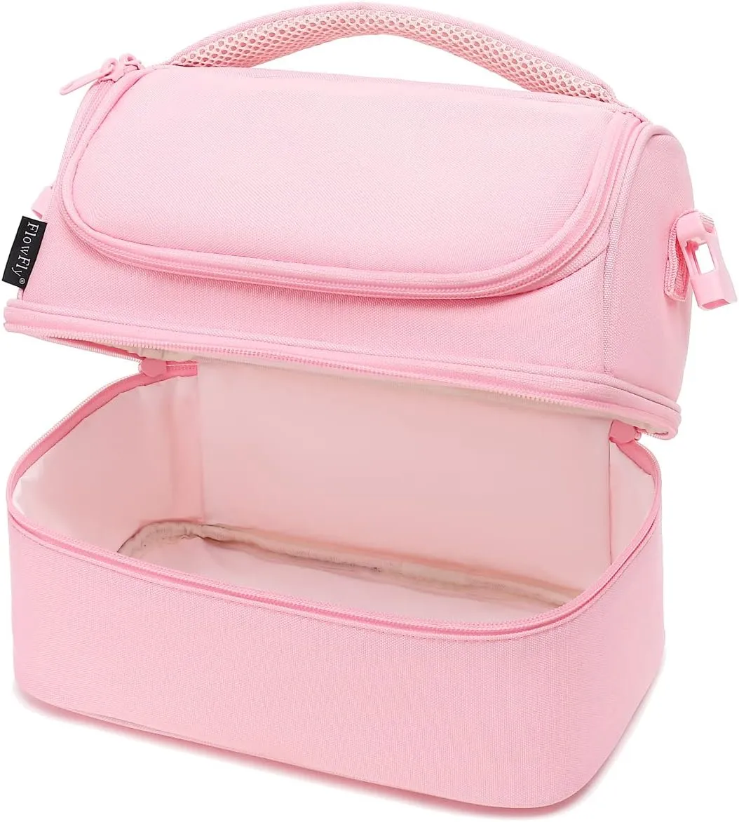 FlowFly Double Decker Cooler Insulated Lunch Bag Large Tote for Boys, Girls, Men, Women, With Adjustable Strap,Pink